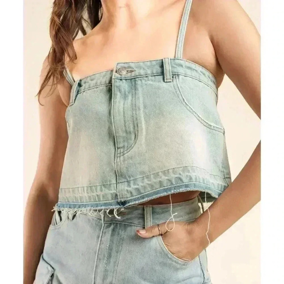 ZARA Denim Jean Cropped Pants Top Spaghetti Straps Size Large Bloggers Blue Wash - Picture 1 of 9